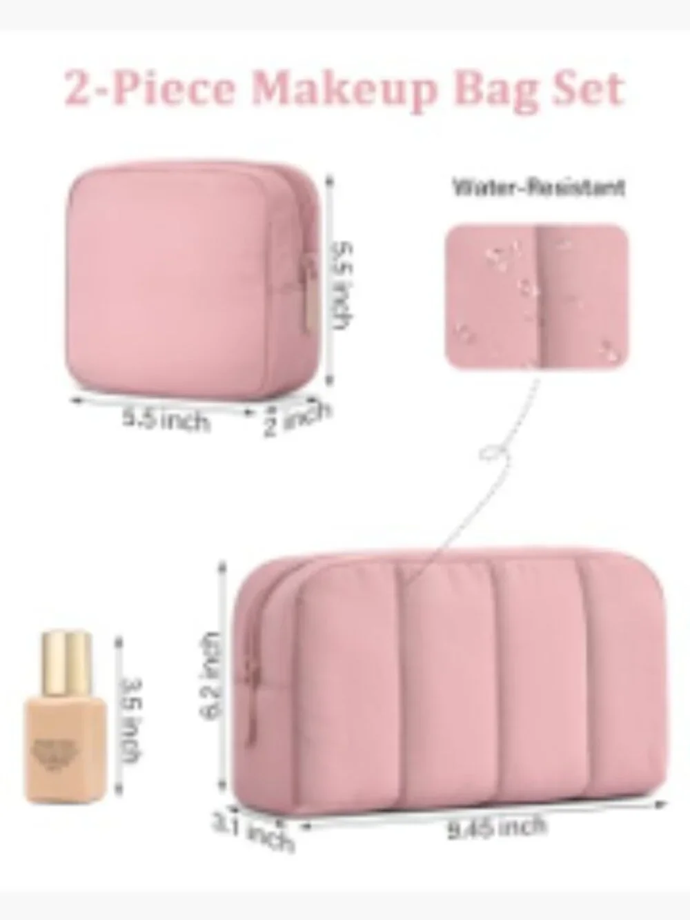 2 Pcs Padded Nylon Travel Cosmetic Bag Set Wide-Open Makeup Organizer Toiletry